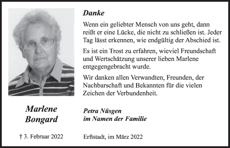  Traueranzeige für Marlene Bongard vom 18.03.2022 aus  Werbepost 