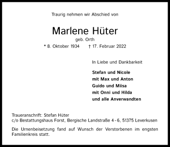 Anzeige von Marlene Hüter von Kölner Stadt-Anzeiger / Kölnische Rundschau / Express