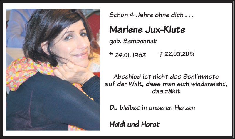  Traueranzeige für Marlene Jux-Klute vom 22.03.2022 aus Kölner Stadt-Anzeiger / Kölnische Rundschau / Express
