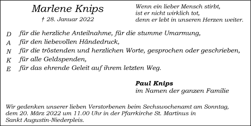  Traueranzeige für Marlene Knips vom 04.03.2022 aus  Extra Blatt 