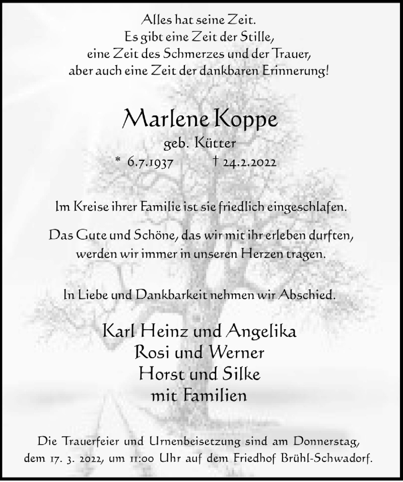  Traueranzeige für Marlene Koppe vom 11.03.2022 aus  Schlossbote/Werbekurier 