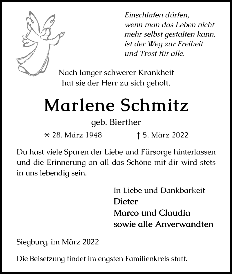  Traueranzeige für Marlene Schmitz vom 12.03.2022 aus Kölner Stadt-Anzeiger / Kölnische Rundschau / Express