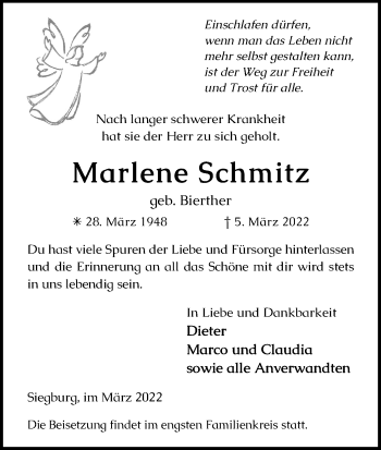 Anzeige von Marlene Schmitz von Kölner Stadt-Anzeiger / Kölnische Rundschau / Express