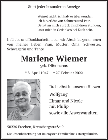Anzeige von Marlene Wiemer von  Wochenende 