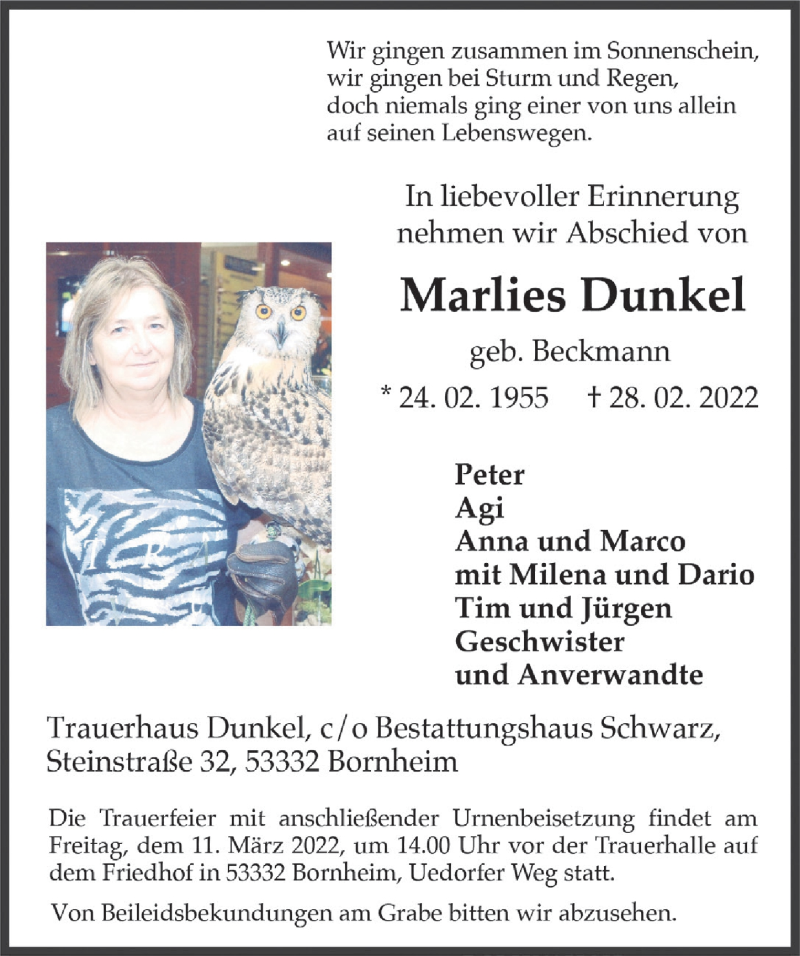  Traueranzeige für Marlies Dunkel vom 04.03.2022 aus  Schaufenster/Blickpunkt 