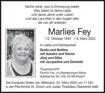 Anzeige von Marlies Fey von  Werbepost 