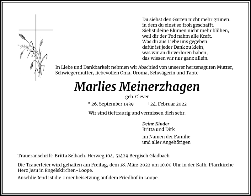  Traueranzeige für Marlies Meinerzhagen vom 12.03.2022 aus Kölner Stadt-Anzeiger / Kölnische Rundschau / Express