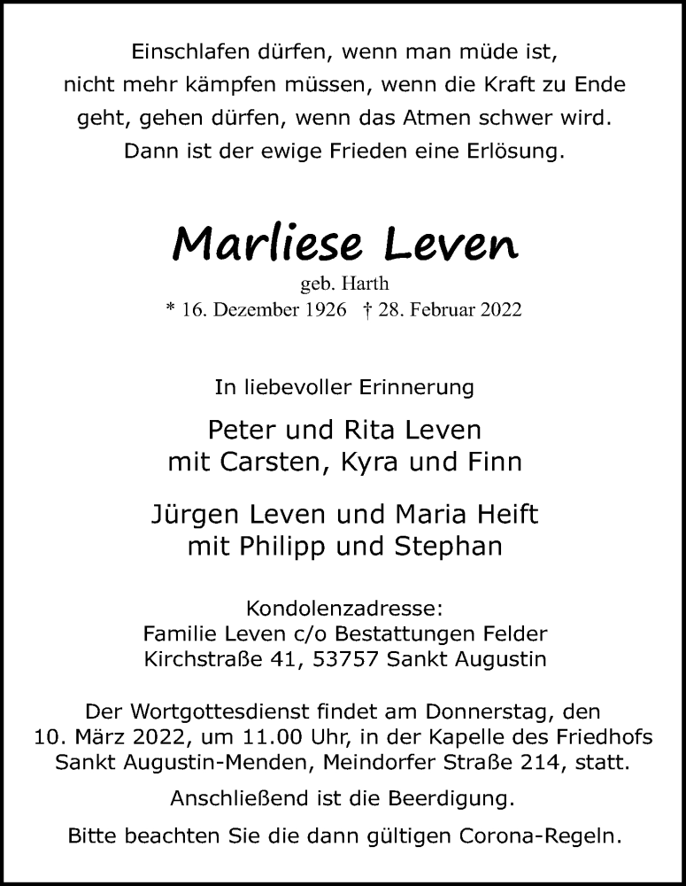  Traueranzeige für Marliese Leven vom 05.03.2022 aus Kölner Stadt-Anzeiger / Kölnische Rundschau / Express