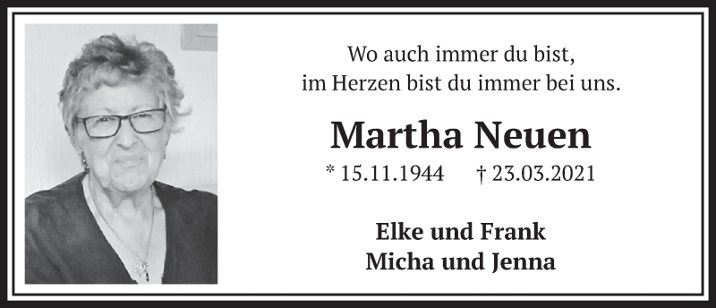 Traueranzeige für Martha Neuen vom 25.03.2022 aus  Werbepost 