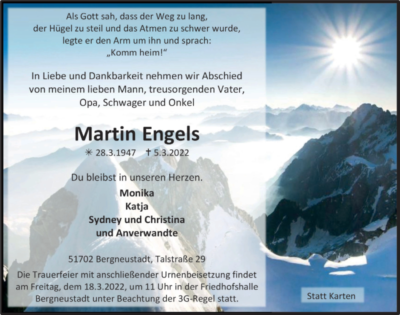  Traueranzeige für Martin Engels vom 11.03.2022 aus  Anzeigen Echo 