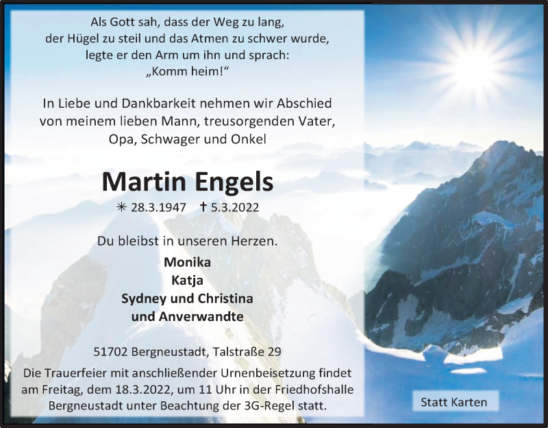  Traueranzeige für Martin Engels vom 12.03.2022 aus Kölner Stadt-Anzeiger / Kölnische Rundschau / Express