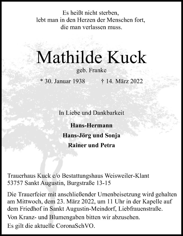  Traueranzeige für Mathilde Kuck vom 19.03.2022 aus Kölner Stadt-Anzeiger / Kölnische Rundschau / Express