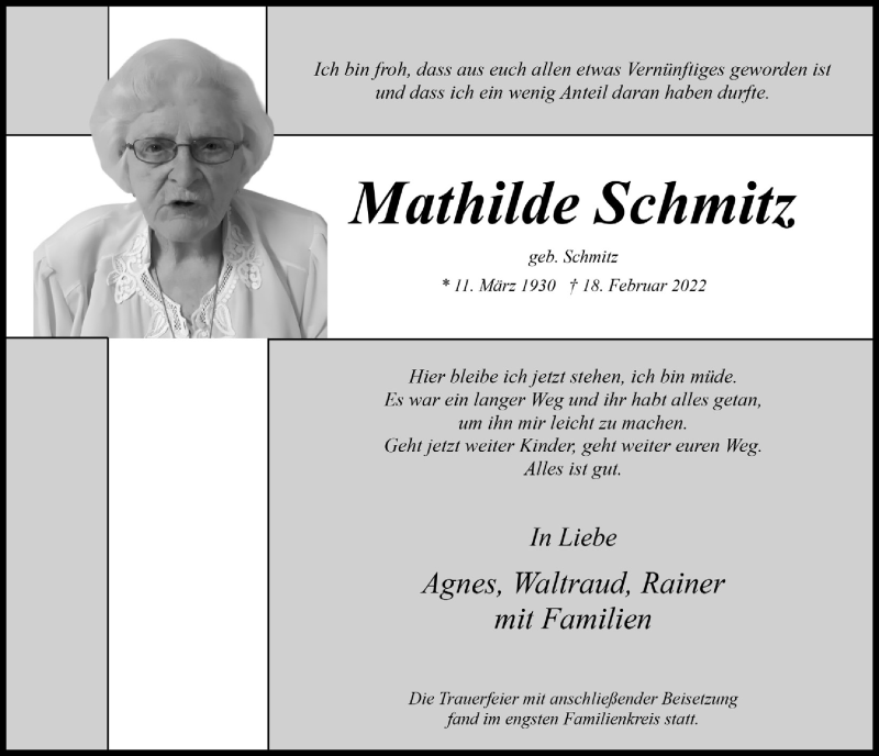  Traueranzeige für Mathilde Schmitz vom 12.03.2022 aus  Blickpunkt Euskirchen 