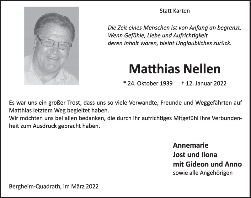  Traueranzeige für Matthias Nellen vom 11.03.2022 aus  Werbepost 
