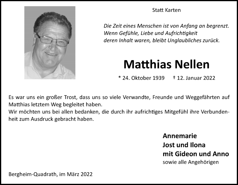  Traueranzeige für Matthias Nellen vom 12.03.2022 aus Kölner Stadt-Anzeiger / Kölnische Rundschau / Express
