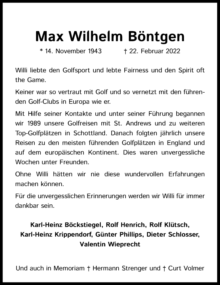  Traueranzeige für Max Wilhelm Böntgen vom 02.03.2022 aus Kölner Stadt-Anzeiger / Kölnische Rundschau / Express
