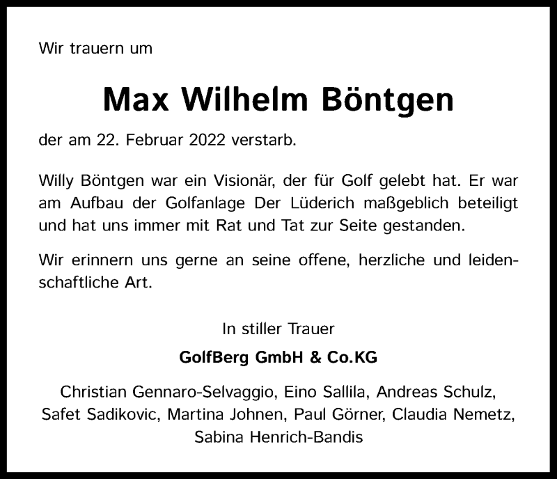  Traueranzeige für Max Wilhelm Böntgen vom 05.03.2022 aus Kölner Stadt-Anzeiger / Kölnische Rundschau / Express