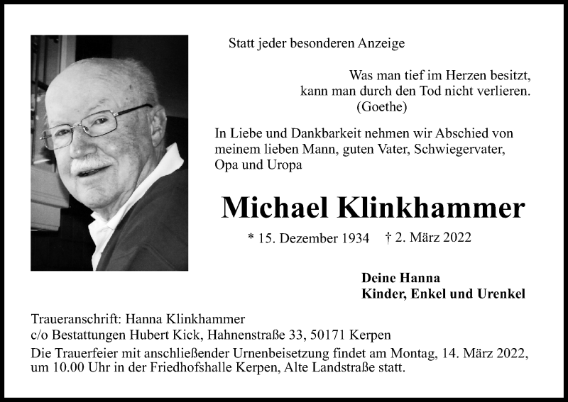  Traueranzeige für Michael Klinkhammer vom 12.03.2022 aus Kölner Stadt-Anzeiger / Kölnische Rundschau / Express