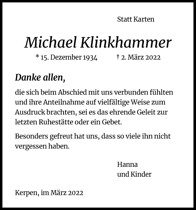  Traueranzeige für Michael Klinkhammer vom 26.03.2022 aus Kölner Stadt-Anzeiger / Kölnische Rundschau / Express