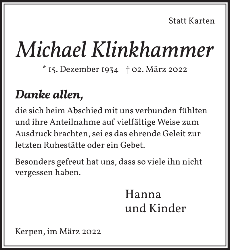  Traueranzeige für Michael Klinkhammer vom 25.03.2022 aus  Werbepost 