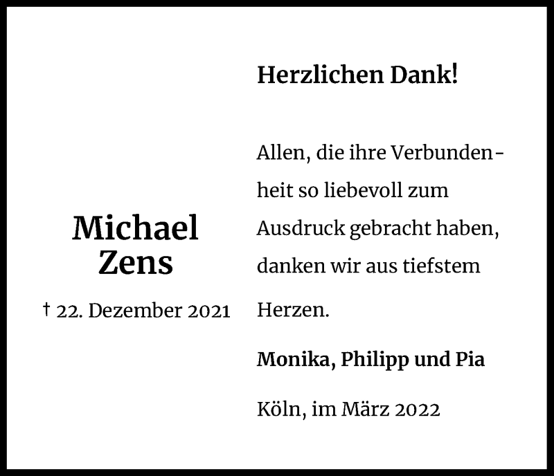  Traueranzeige für Michael Zens vom 26.03.2022 aus Kölner Stadt-Anzeiger / Kölnische Rundschau / Express