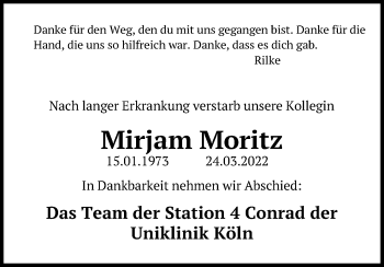 Anzeige von Mirjam Moritz von Kölner Stadt-Anzeiger / Kölnische Rundschau / Express