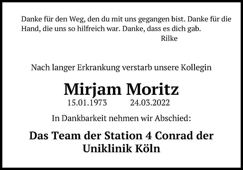  Traueranzeige für Mirjam Moritz vom 29.03.2022 aus Kölner Stadt-Anzeiger / Kölnische Rundschau / Express