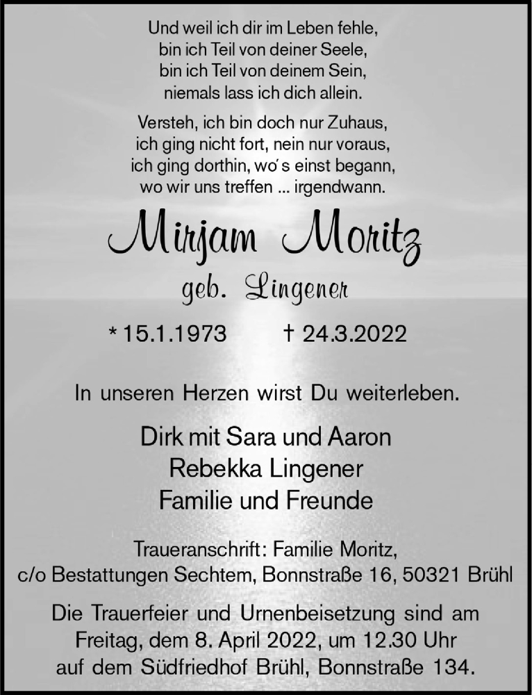  Traueranzeige für Mirjam Moritz vom 01.04.2022 aus  Schlossbote/Werbekurier 