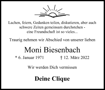 Anzeige von Moni Biesenbach von Kölner Stadt-Anzeiger / Kölnische Rundschau / Express