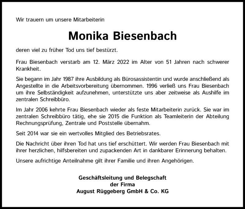  Traueranzeige für Monika Biesenbach vom 19.03.2022 aus Kölner Stadt-Anzeiger / Kölnische Rundschau / Express