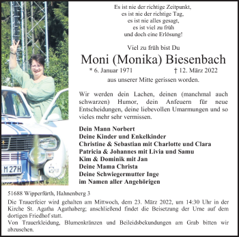 Anzeige von Monika Biesenbach von Kölner Stadt-Anzeiger / Kölnische Rundschau / Express