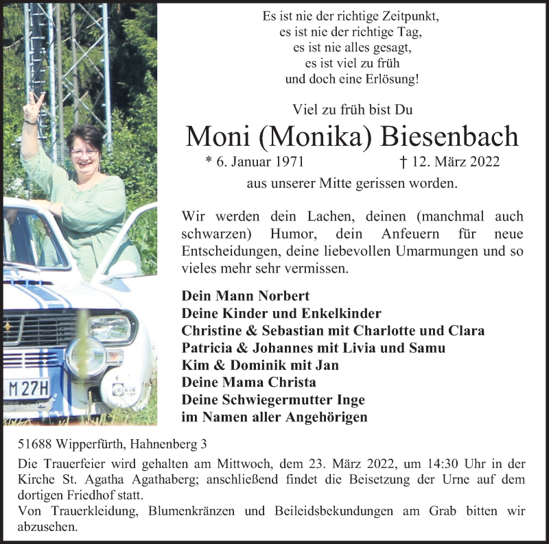  Traueranzeige für Monika Biesenbach vom 16.03.2022 aus Kölner Stadt-Anzeiger / Kölnische Rundschau / Express