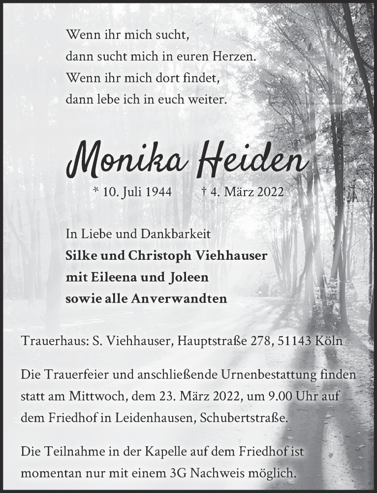  Traueranzeige für Monika Heiden vom 11.03.2022 aus  EXPRESS - Die Woche 