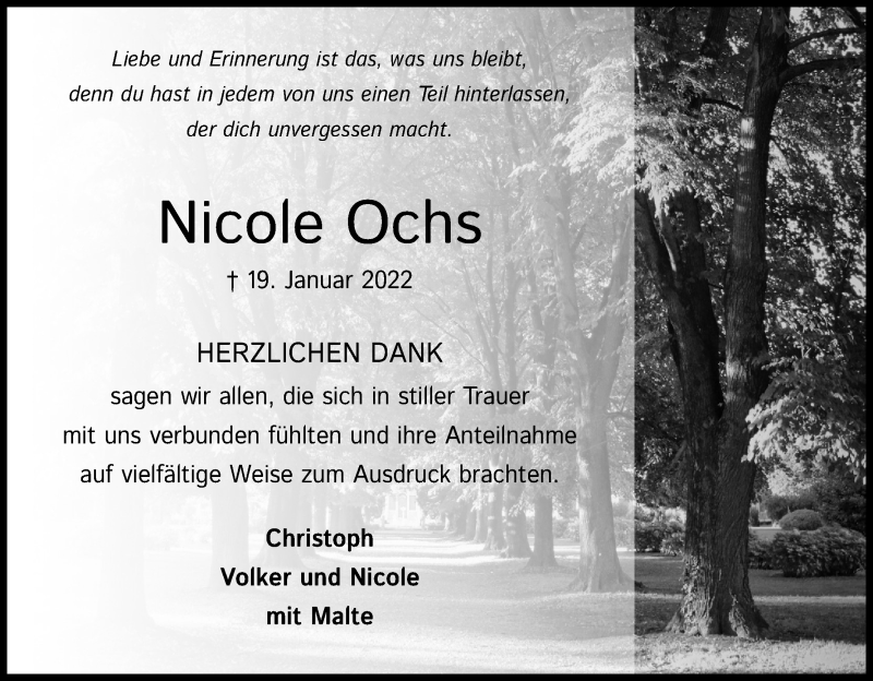  Traueranzeige für Nicole Ochs vom 05.03.2022 aus Kölner Stadt-Anzeiger / Kölnische Rundschau / Express