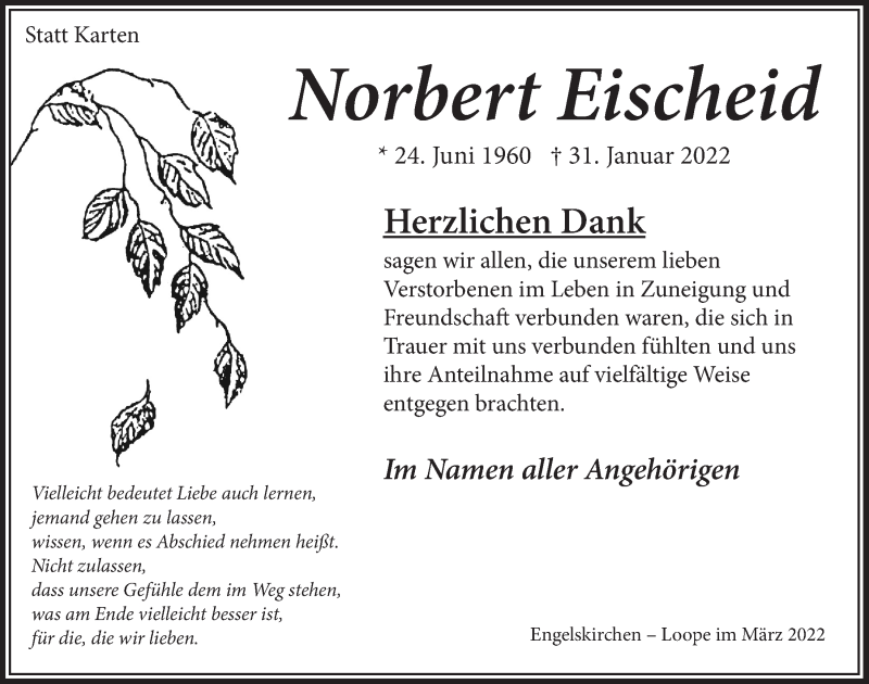  Traueranzeige für Norbert Eischeid vom 18.03.2022 aus  Anzeigen Echo 