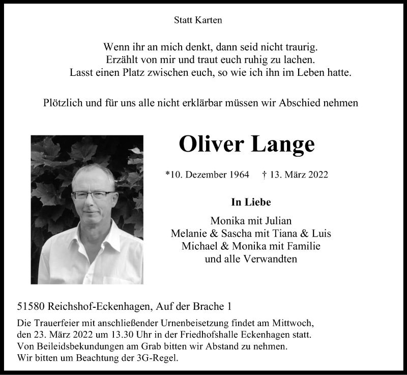  Traueranzeige für Oliver Lange vom 19.03.2022 aus Kölner Stadt-Anzeiger / Kölnische Rundschau / Express