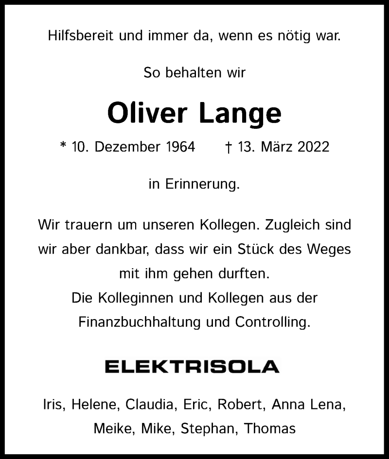  Traueranzeige für Oliver Lange vom 19.03.2022 aus Kölner Stadt-Anzeiger / Kölnische Rundschau / Express