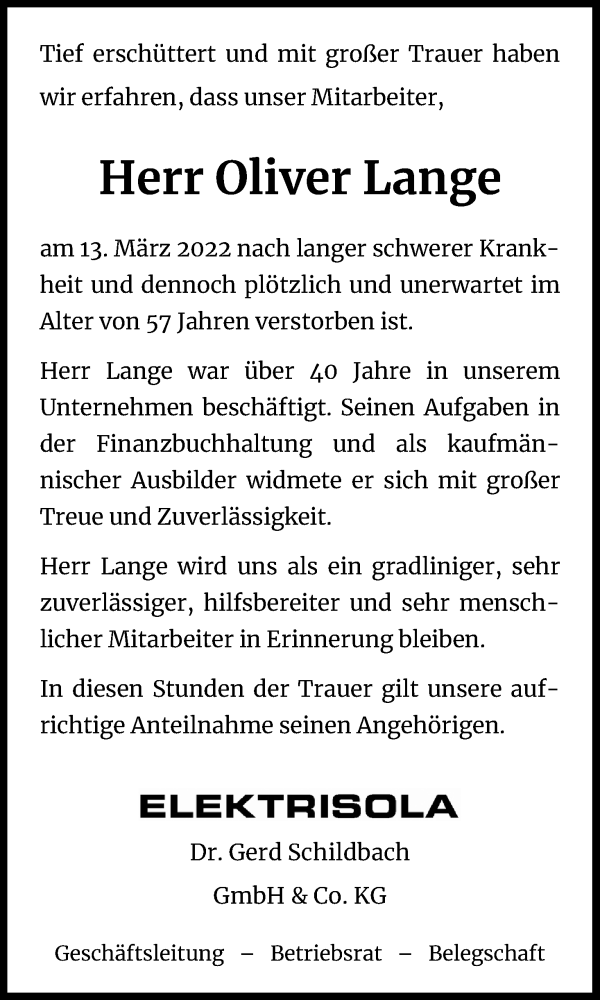  Traueranzeige für Oliver Lange vom 19.03.2022 aus Kölner Stadt-Anzeiger / Kölnische Rundschau / Express