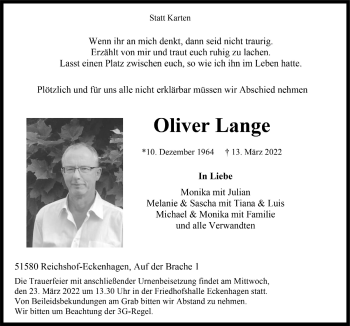 Anzeige von Oliver Lange von  Anzeigen Echo 