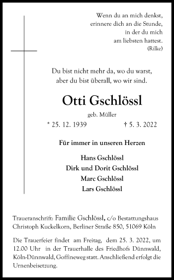 Anzeige von Otti Gschlössl von Kölner Stadt-Anzeiger / Kölnische Rundschau / Express