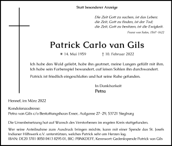 Anzeige von Patrick Carlo van Gils von Kölner Stadt-Anzeiger / Kölnische Rundschau / Express