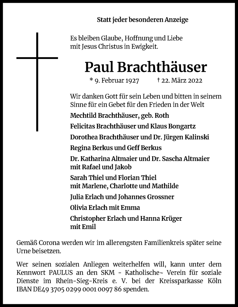  Traueranzeige für Paul Brachthäuser vom 30.03.2022 aus Kölner Stadt-Anzeiger / Kölnische Rundschau / Express