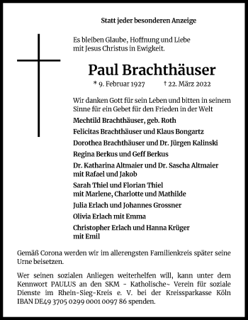 Anzeige von Paul Brachthäuser von Kölner Stadt-Anzeiger / Kölnische Rundschau / Express