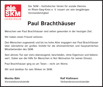 Anzeige von Paul Brachthäuser von Kölner Stadt-Anzeiger / Kölnische Rundschau / Express