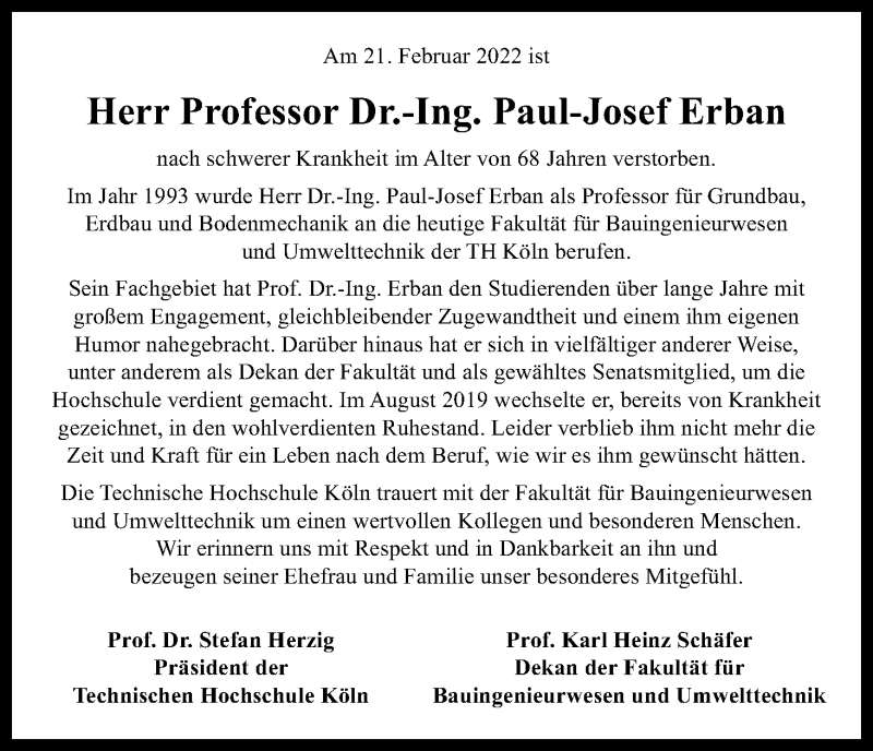  Traueranzeige für Paul-Josef Erban vom 19.03.2022 aus Kölner Stadt-Anzeiger / Kölnische Rundschau / Express