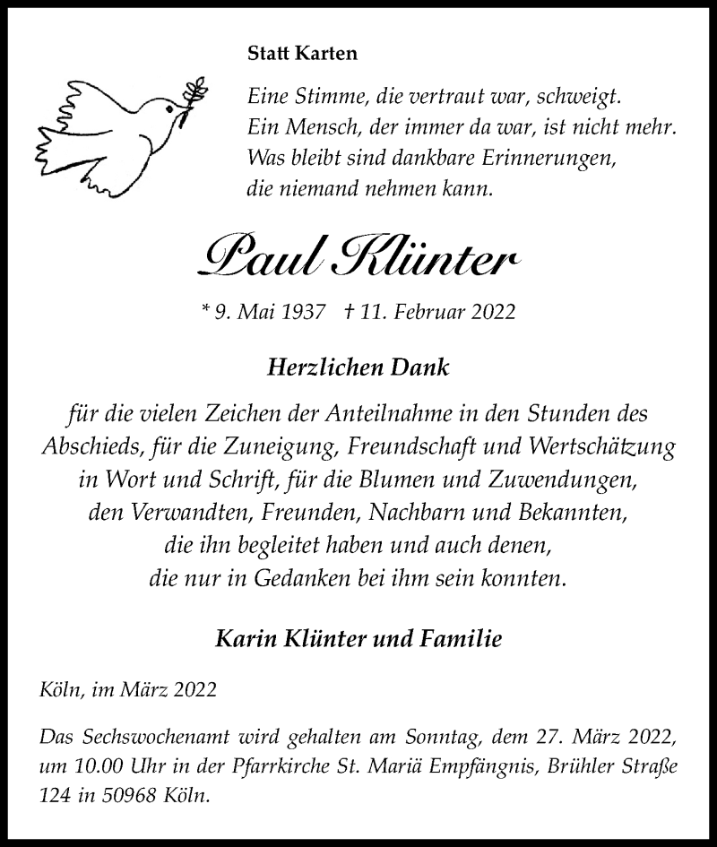  Traueranzeige für Paul Klünter vom 19.03.2022 aus Kölner Stadt-Anzeiger / Kölnische Rundschau / Express