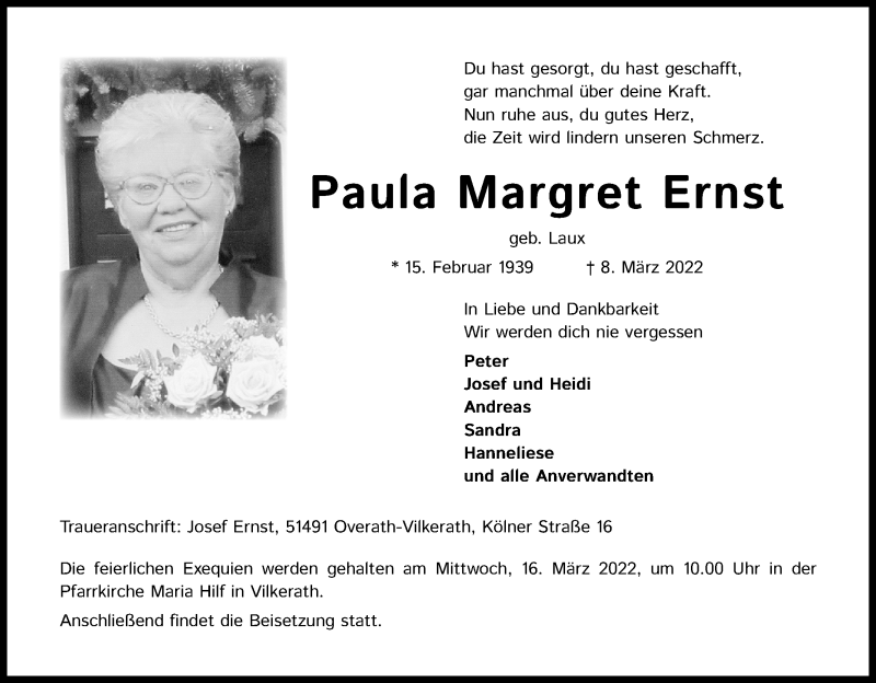  Traueranzeige für Paula Margret Ernst vom 12.03.2022 aus Kölner Stadt-Anzeiger / Kölnische Rundschau / Express