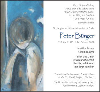 Anzeige von Peter Bürger von Kölner Stadt-Anzeiger / Kölnische Rundschau / Express