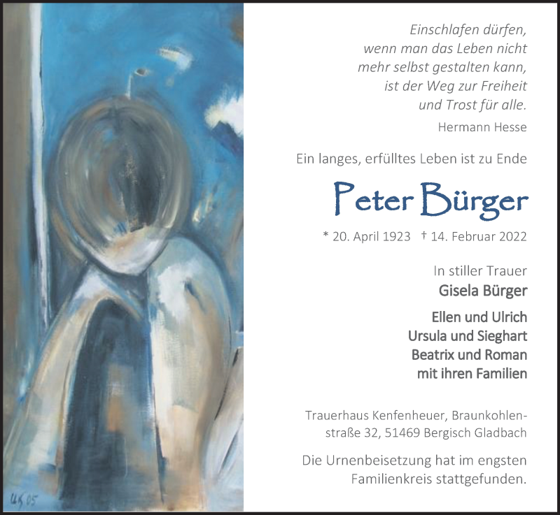  Traueranzeige für Peter Bürger vom 12.03.2022 aus Kölner Stadt-Anzeiger / Kölnische Rundschau / Express