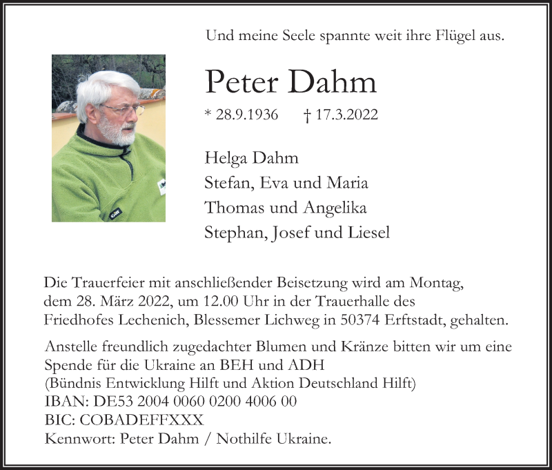  Traueranzeige für Peter Dahm vom 23.03.2022 aus Kölner Stadt-Anzeiger / Kölnische Rundschau / Express